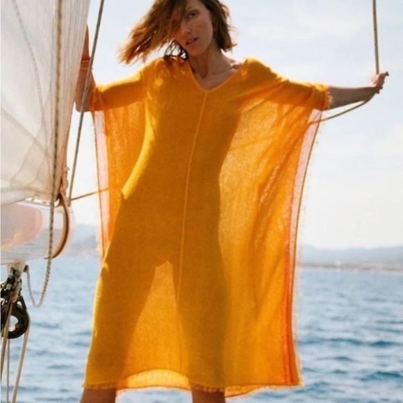 Zara Dresses & Skirts - Orangish-yellow Zara linen kaftan dress size M/L, new with tags